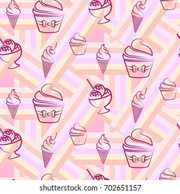 Pattern. Background texture. cakes, ice cream, coffee, croissant.