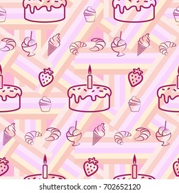 Pattern. Background texture. cakes, ice cream, coffee, croissant.