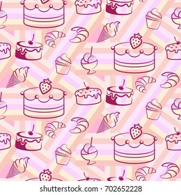 Pattern. Background texture. cakes, ice cream, coffee, croissant.