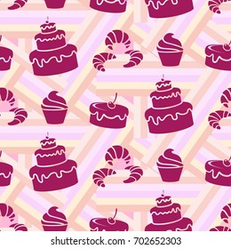 Pattern. Background texture. cakes, ice cream, coffee, croissant.