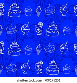 Pattern. Background texture. cakes, ice cream, coffee, croissant.