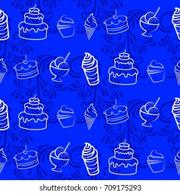 Pattern. Background texture. cakes, ice cream, coffee, croissant.