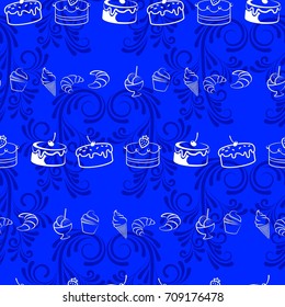 Pattern. Background texture. cakes, ice cream, coffee, croissant.