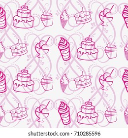 Pattern. Background texture. cakes, ice cream, coffee, croissant.