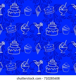 Pattern. Background texture. cakes, ice cream, coffee, croissant.