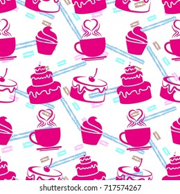 Pattern. Background texture. cakes, ice cream, coffee, croissant.