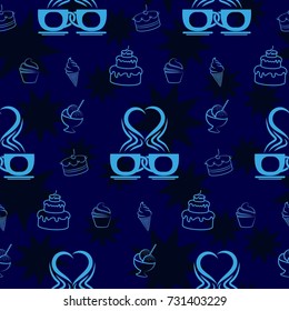 Pattern. Background texture. cakes, ice cream, coffee, croissant. Dark stars on a blue background.