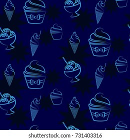 Pattern. Background texture. cakes, ice cream, coffee, croissant. Dark stars on a blue background.