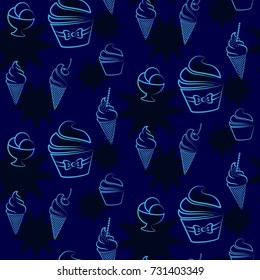 Pattern. Background texture. cakes, ice cream, coffee, croissant. Dark stars on a blue background.