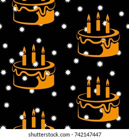 Pattern. Background texture. cakes, ice cream, coffee, croissant. White stars on a black background.