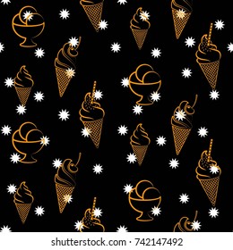 Pattern. Background texture. cakes, ice cream, coffee, croissant. White stars on a black background.
