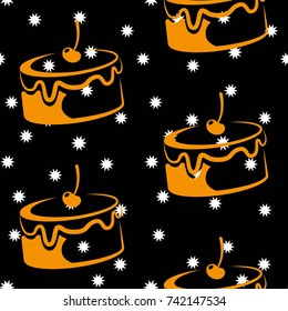 Pattern. Background texture. cakes, ice cream, coffee, croissant. White stars on a black background.