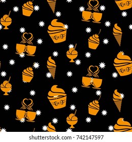 Pattern. Background texture. cakes, ice cream, coffee, croissant. White stars on a black background.