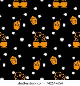 Pattern. Background texture. cakes, ice cream, coffee, croissant. White stars on a black background.