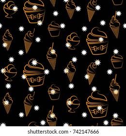 Pattern. Background texture. cakes, ice cream, coffee, croissant. White stars on a black background.