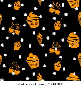 Pattern. Background texture. cakes, ice cream, coffee, croissant. White stars on a black background.