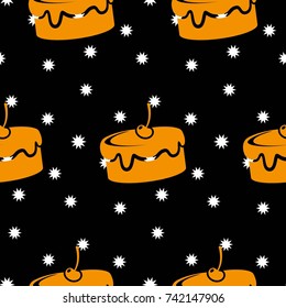 Pattern. Background texture. cakes, ice cream, coffee, croissant. White stars on a black background.