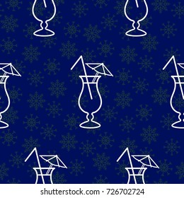 Pattern. Background texture. Cocktail, shake, drink, juice, glass. Blue snowflakes.