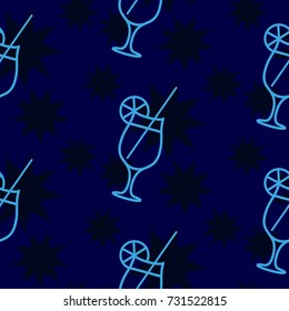 Pattern. Background texture. Cocktail, shake, drink, juice, glass. Dark stars on a blue background.