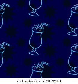 Pattern. Background texture. Cocktail, shake, drink, juice, glass. Dark stars on a blue background.