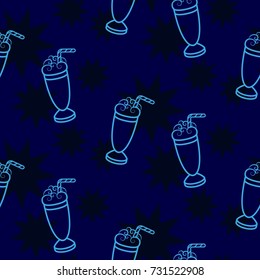 Pattern. Background texture. Cocktail, shake, drink, juice, glass. Dark stars on a blue background.