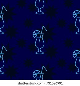Pattern. Background texture. Cocktail, shake, drink, juice, glass. Dark stars on a blue background.
