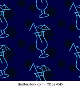 Pattern. Background texture. Cocktail, shake, drink, juice, glass. Dark stars on a blue background.