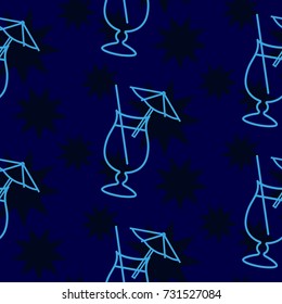Pattern. Background texture. Cocktail, shake, drink, juice, glass. Dark stars on a blue background.