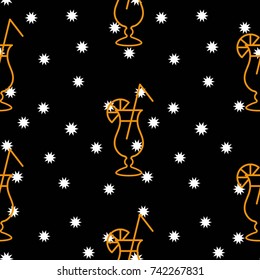 Pattern. Background texture. Cocktail, shake, drink, juice, glass. White stars on a black background.