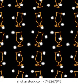 Pattern. Background texture. Cocktail, shake, drink, juice, glass. White stars on a black background.