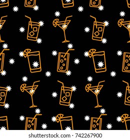 Pattern. Background texture. Cocktail, shake, drink, juice, glass. White stars on a black background.