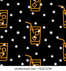Pattern. Background texture. Cocktail, shake, drink, juice, glass. White stars on a black background.