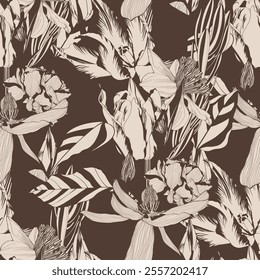 Pattern background with tulips, palms, flowers, leaf drawing illustration. Exotic line illustration.
