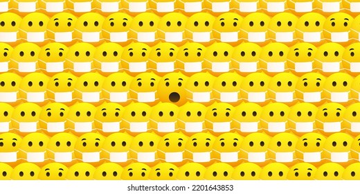 Pattern Background Of Various Yellow Dense Crowd Of Unhappy Fearful Looking Emoticons Wearing Face Masks With A Surprised One In The Center Without A Medical Mask - Vector Design