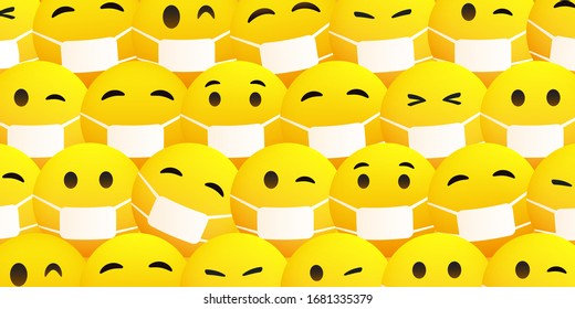 Pattern Background with Various Yellow Emoticons Wearing Medical Mask - Vector Design