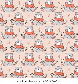 Pattern background vector illustration of cute bear in autumn.