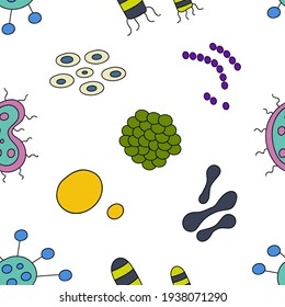 Pattern. Bacteria and microbes. Microorganisms. Pathogenic objects. Bacteria. Viruses. Mushrooms. The simplest. Virus. Vector illustration