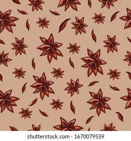 patrón con pétalos secos y badianos sobre fondo marrón, ilustración vectorial con badiano para la decoración y el diseño de ropa , cuadernos, tazas, cuadernos, cuadernos, álbumes sobre fondo marrón