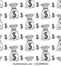 a pattern from a bag with a dollar sign. a seamless pattern of doodle-style drawings, a small knotted bag of money, an isolated black counter on white. symbol of wealth