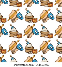 Pattern from bag of flour, dough and mixer. Colored vector illustration isolated on white background