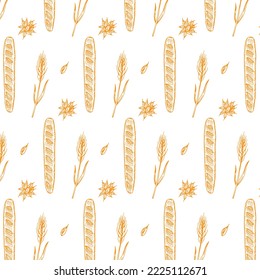 a pattern from a baguette. pattern of a long yellow baguette drawn in doodle style randomly arranged on a white background for a bakery template