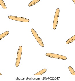 a pattern from a baguette. seamless pattern of a long yellow baguette drawn in doodle style randomly arranged on a white background for a bakery template