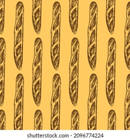 a pattern from a baguette. seamless pattern of a long yellow baguette drawn in doodle style randomly arranged on a beige background for a bakery template