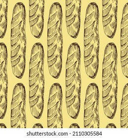 a pattern from a baguette. seamless pattern of a long yellow baguette drawn in doodle style randomly arranged on a beige background for a bakery template