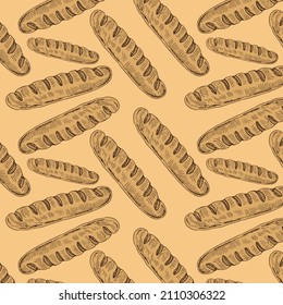 a pattern from a baguette. seamless pattern of a long yellow baguette drawn in doodle style randomly arranged on a beige background for a bakery template