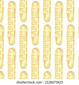 a pattern from a baguette. seamless pattern of a long yellow baguette drawn in doodle style randomly arranged on a beige background for a bakery template