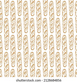 a pattern from a baguette. seamless pattern of a long yellow baguette drawn in doodle style randomly arranged on a beige background for a bakery template