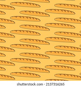 a pattern from a baguette. seamless pattern of a long yellow baguette drawn in doodle style randomly arranged on a beige background for a bakery template