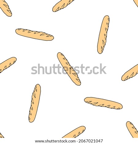 a pattern from a baguette. seamless pattern of a long yellow baguette drawn in doodle style randomly arranged on a white background for a bakery template
