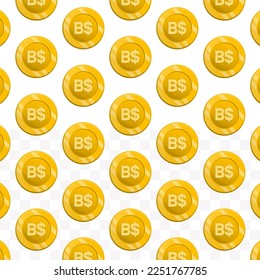 Patrón de la moneda del dólar bahameño en fondo transparente con mini doodle (iconos) y color dorado. Ilustración vectorial